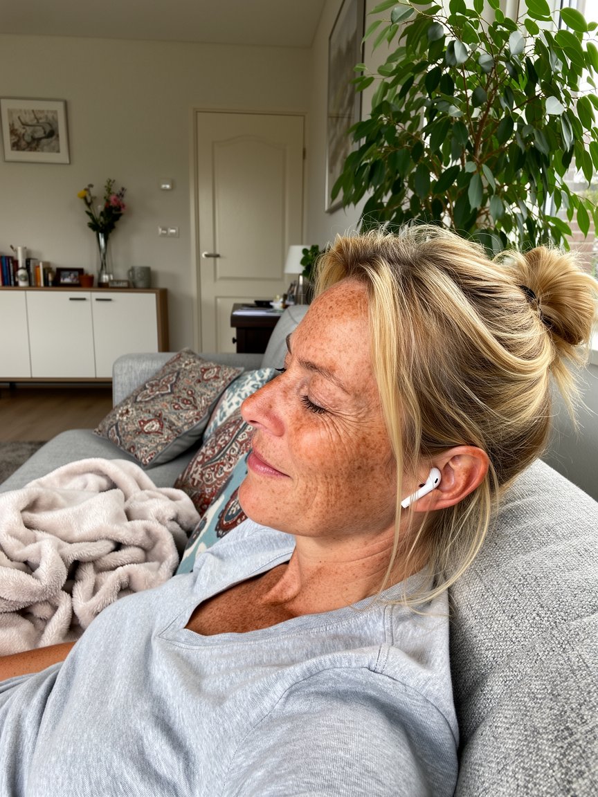 Vrouw luistert met gesloten ogen naar een meditatie