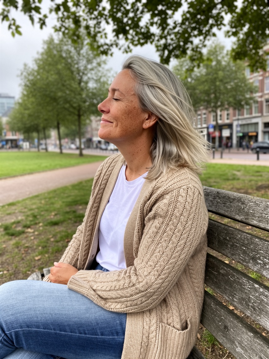 Vrouw neemt een momentje voor zichzelf op een bankje in het park